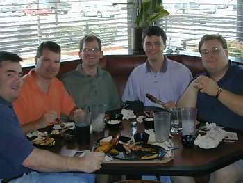 The Summit of Love gang (from left: Dennis, Eric, Tim, Dave and Jason) made its first barbecue stop at Gates' on Main Street downtown. Not pictured: Ted Kennedy.